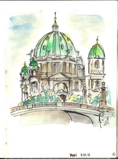 Watercolour and ink architectural sketch